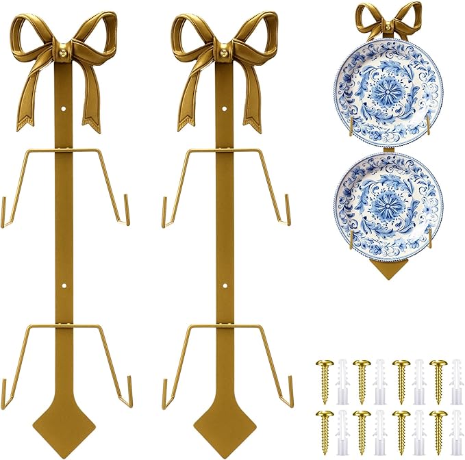 Zonon 2 Pack Gold Bow Plate Holder for Wall Bow Knot Iron Easel Display Rack Wall Mount Metal Plate Hanger Stand for Hanging Photo Frame Art Plaque for Cabinet Kitchen Counter Bar Cafe (18.5 x 7 Inch)