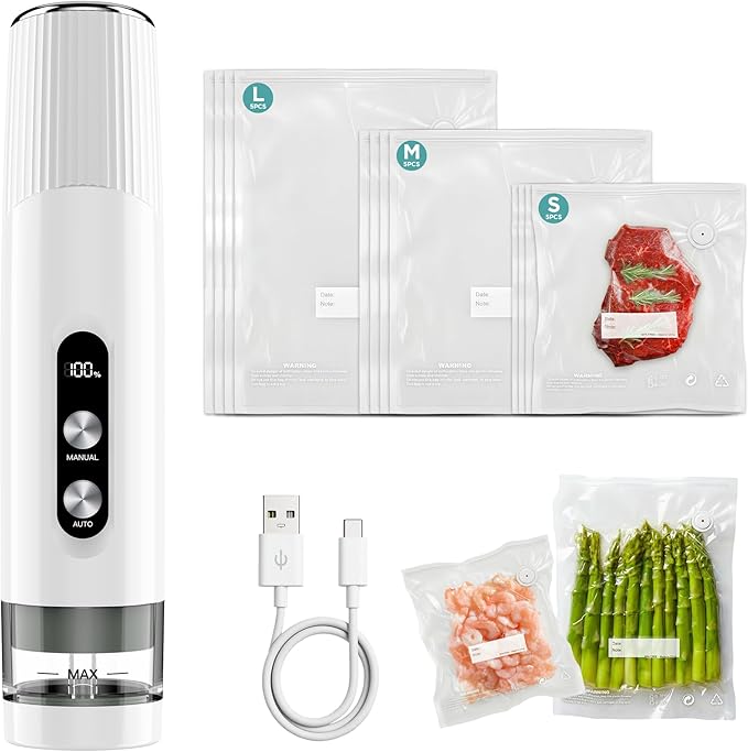 Compact Vacuum Sealer for Food, Cordless Handheld Vacuum Sealer Machine with 15 Reusable Bags, 1800mAh Rechargeable Portable Food Saver for Sous Vide, Meal Prep, Meat & Vegetables