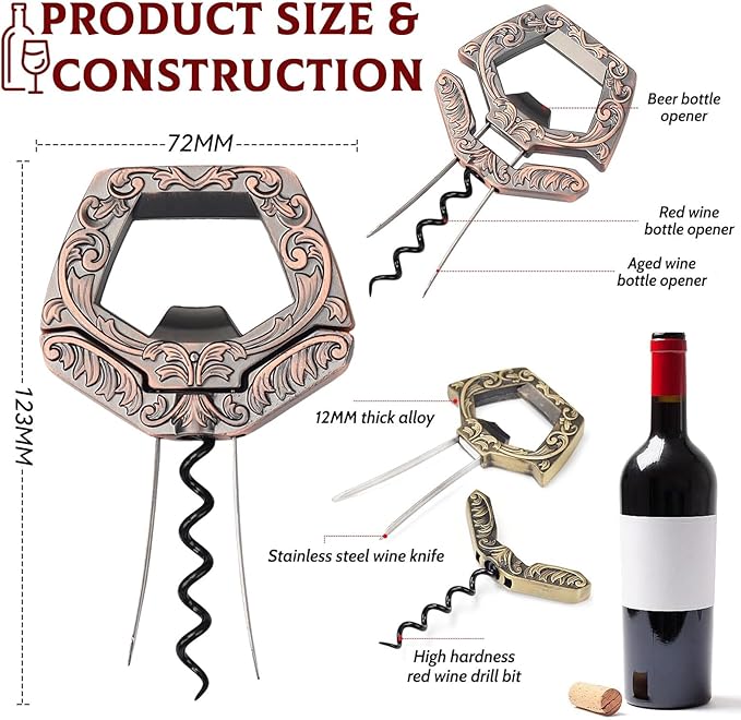 Ah So Wine Opener for Vintage Bottles, 3 in 1 Old Bottle Opener, Two Prong Cork Remover with Beer Bottle Opener, for Connoisseurs & Collectors to Uncork (Copper)