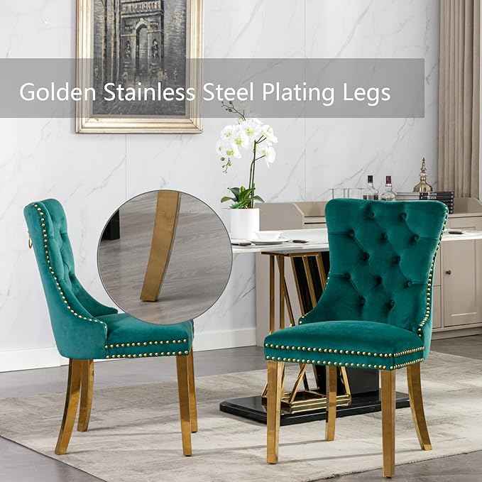 Velvet Dining Chairs Set of 2, Upholstered Dining Room Chairs with Back Ring Pull Trim and Golden Stainless Steel Legs,Tufted Wingback Chair Perfect for Dining Room,Living Room,Kitchen(Green)