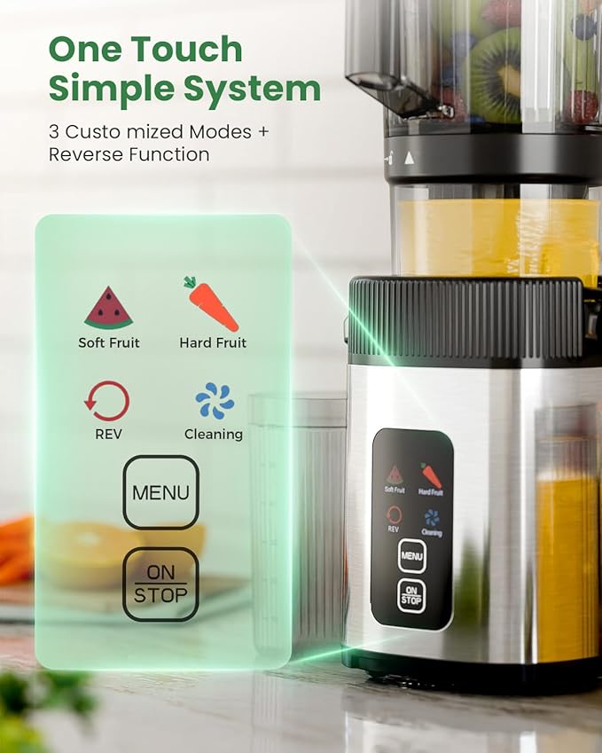 Kismile Cold Press Juicer Machine with Touch Control & 3 Modes, 4.5” Wide Feed Chute Slow Juicer for Whole Fruits & Vegetables, Stainless Steel Juicer Press, Easy to Clean, High Juice Yield for Home