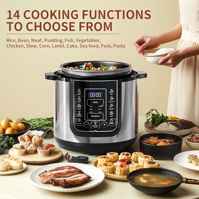 6 Qt Electric Pressure Cooker 9-in-1, 14 Presets Instant Multi-Function Pot, Slow Cooker, Rice Cooker, Cake Maker, Non-Stick, Stainless Steel