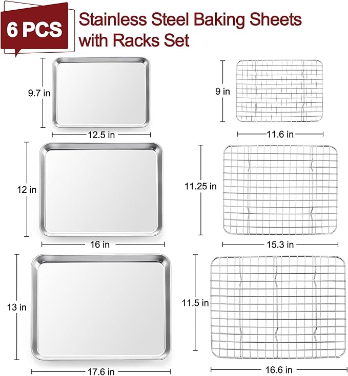 TeamFar Stainless Steel Baking Sheet with Rack Set, 17.6/16/12.5 Inch Cookie Sheets Baking Pans and Cooling Racks for Cooking Serving, Non-Toxic & Heavy Duty, Dishwasher Safe, 6 PCS (3 Pans + 3 Racks)