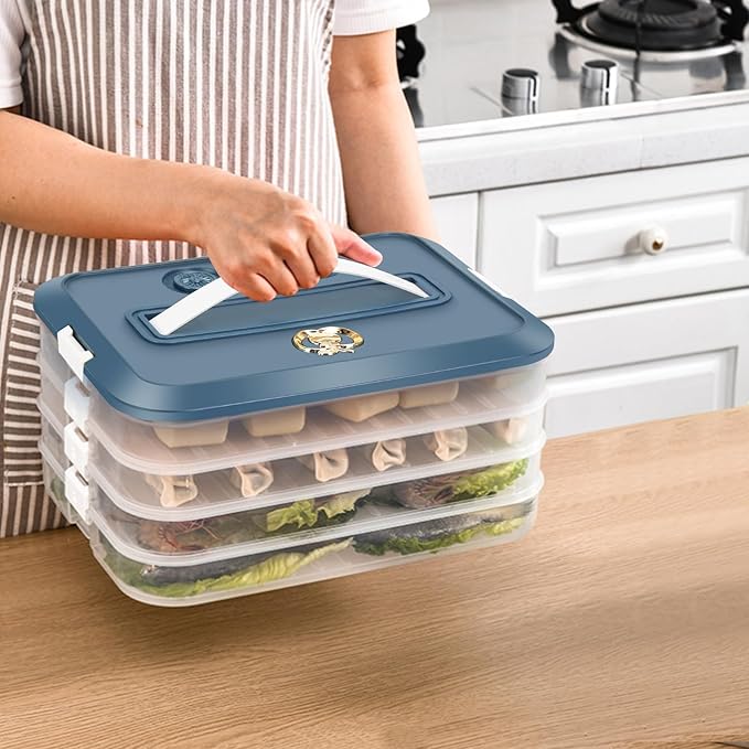 Food Storage Containers with Lids, Plastic Cookie Storage Containers Airtight, 4-Layer Stackable Food Containers Dumpling Storage Box, Blue