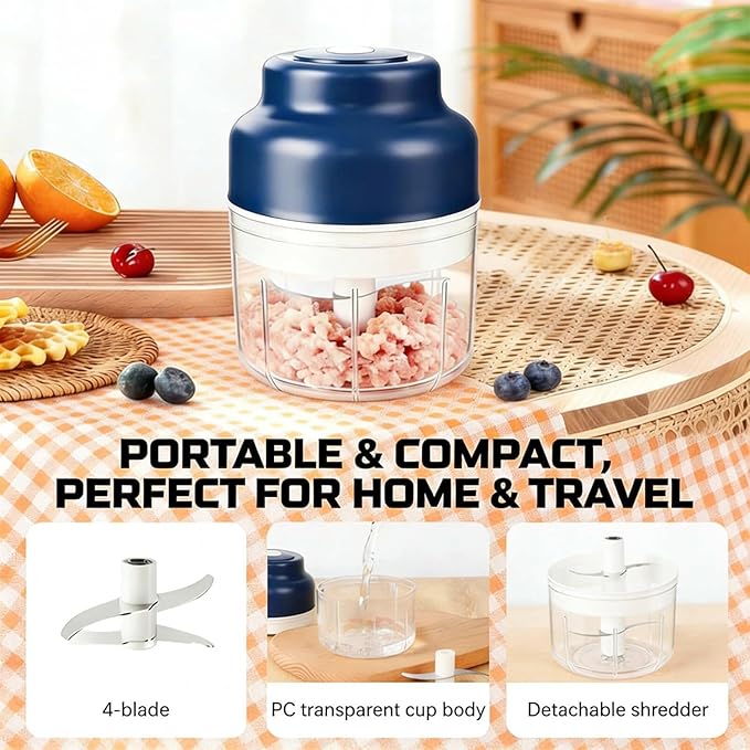 Electric Garlic Chopper Mini, Upgraded Rechargeable Veggie Chopper With Storage and Cover, One-Touch Food Processor with 4 Stainless Steel Blades for Onion Meat Chili Ginger (Blue, 250ml)