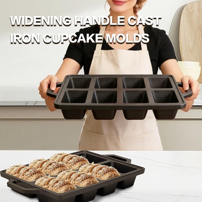 Flavehc 2pack Cast Iron Mini Loaf Pans 8-Cavity Bread Loaf Pans Pre-Seasoned Baking Pan Molds with Handle Bread Pans for Homemade Bread