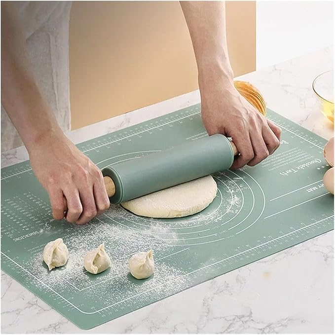 Silicone Measuring Kneading Pad Set Household Rolling Pin Dough Large Thick Non-slip Non-stick Bottom Baking Tool(Kneading pad green)