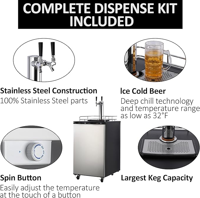 Beer Kegerator, Dual Tap Draft Beer Dispenser, Full Size Kegerator and Keg Beer Cooler With Shelves & Drip Tray & 4 Casters, Stainless Steel Keg Dispenser, 32°F- 50°F Temperature Control, 170L