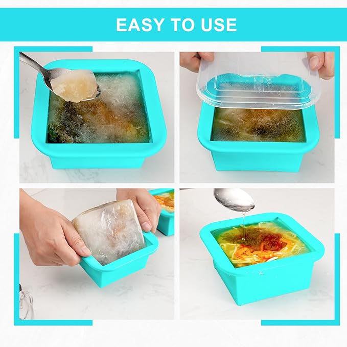 Silicone Freezer Tray with Lid 2 Pack Silicone Freezer Molds Ice Cube Tray Makes 2 Perfect 2 Cup Portions Soup Cubes Meal Prep Containers- Oven & Dishwasher Safe
