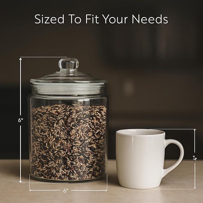 Restaurantware Vetri 0.5 Gallon Glass Storage Jar 1 Dishwashable Glass Cookie Jar - Airtight Seal Wide Opening Clear Glass Candy Jar Knob Handle Lid For Kitchen Laundry Or Storage