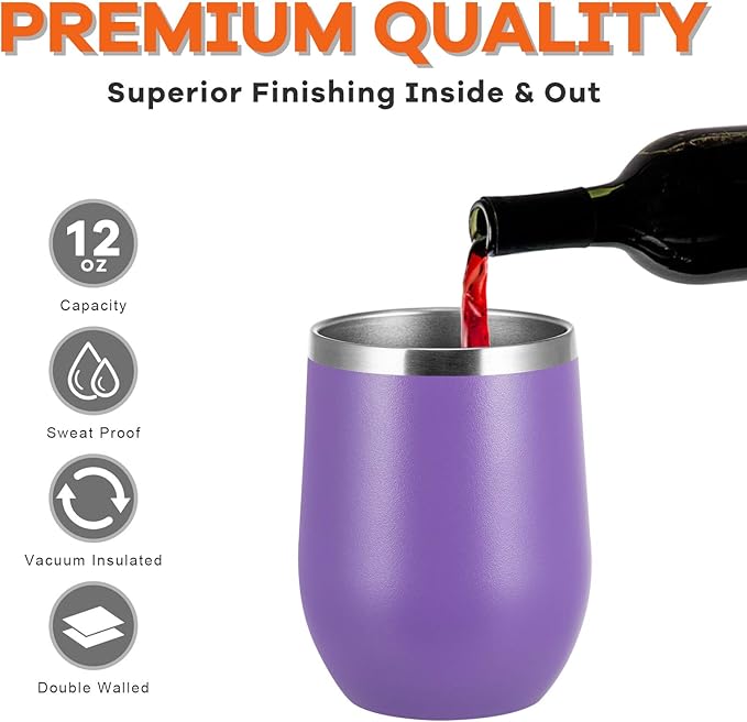 COMOOO Stainless Steel Wine Tumbler Bulk with Lid and Straw 12oz Double Wall Vacuum Insulated Travel Tumbler Cup Stemless for Hot and Cold Drinks, Coffee, Wine, Cocktails (Light Purple, 8 Pack)