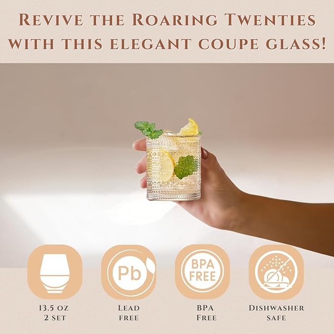 Hobnail Beaded Highball Drinking Tumbler Glasses | Set of 6 | Venus Sand Colors, Vintage Bubble Design Glassware, Old-Fashioned, Embossed Design for Water, Wine, Cocktail Embossed Heavy, Rocks Glass