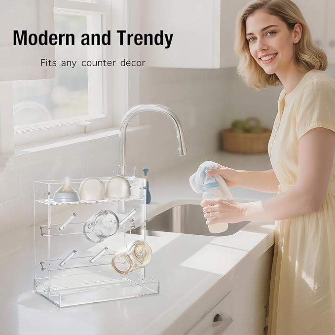 Baby Bottle Drying Rack Space Saving Acrylic Vertical Bottle Dryer Rack with Drip Tray - Clear Kitchen Countertop Storage Organizer–Fast Drying and Easy Cleanup - 10.3 x 6.3 x 10.6 in