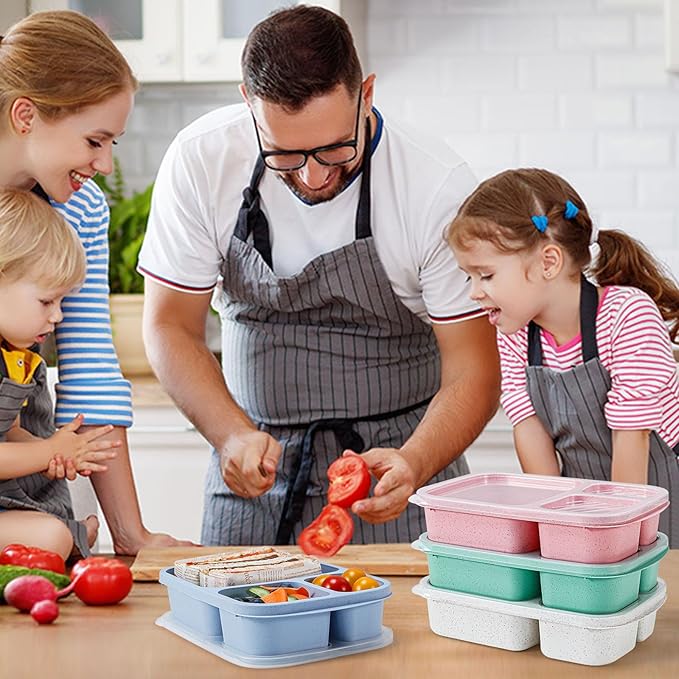 Caperci Wheat Straw Bento Lunch Box Containers for Adults & Kids - 3-Compartment Reusable Meal Prep Containers for School, Work, Travel, Set of 4 (Multicolor & Clear Lids)