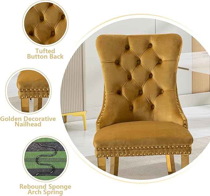 Gold Velvet Dining Chairs Set of 6, Kitchen & Dining Room Chairs, Tufted Upholstered Dining Room Chair, Back Ring Pull Trim, Golden Stainless Steel Legs, Gold