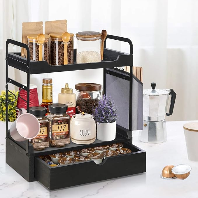 Coffee Bar Accessories and Organizer, 2-Tier Coffee Station Organizer, Wood Kitchen Countertop Organizer with Bag and Hooks, Coffee Pod Holder for Coffee Bar Decor, Syrup Snack Organizer