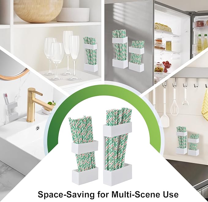 2 PACK Acrylic Straw Holder for Cabinet Doors, Reusable Straw Organizer with Ultra-Sticky Adhesive, Small Kitchen Accessories Container, Fits Both Short & Long Straws (White)
