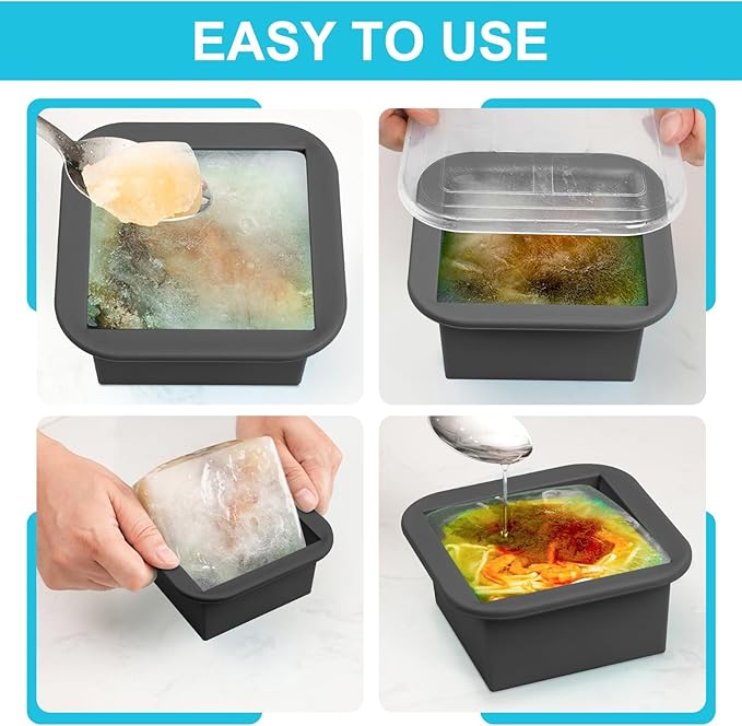 Silicone Freezer Tray with Lid 2 Pack Silicone Freezer Molds Ice Cube Tray Makes 2 Perfect 2 Cup Portions Soup Cubes Meal Prep Containers- Oven & Dishwasher Safe
