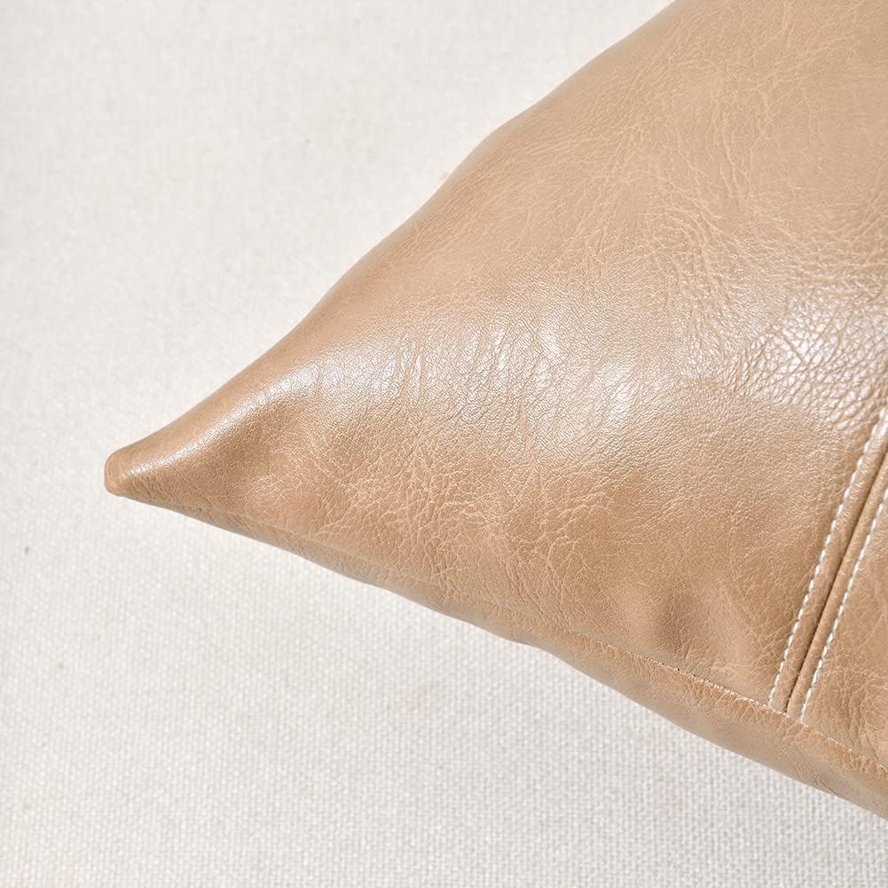 Fancy Homi Tan Long Lumbar Waterproof Faux Leather Decorative Throw Pillow Covers 14x24 Inch for Living Room Couch Bed, Beige Hand Stitched Cushion Case 35x60 cm, Taupe Modern Farmhouse Home Decor