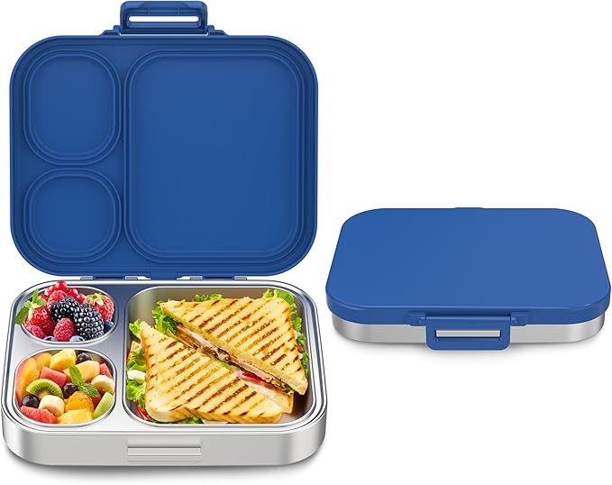 Howeemo Stainless Steel Bento Box Kids, Leak Proof Metal Bento Lunch Box,3 Compartments 304 Stainless Steel Bento Lunch Containers for School and Office, BPA-Free(Blue)