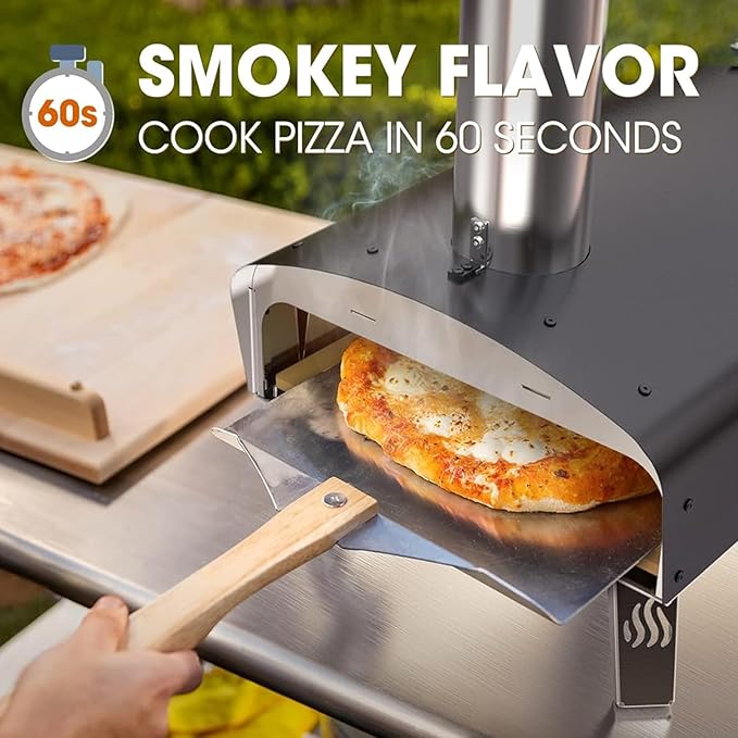Mimiuo 12" Outdoor Wood Pellet Pizza Oven, 34.8 lbs Heavy Duty Stainless Steel Pizza Stove - 60 Second Pizza, Includes 13" Square Stone Foldable Peel & Cover - Portable for Backyard Camping
