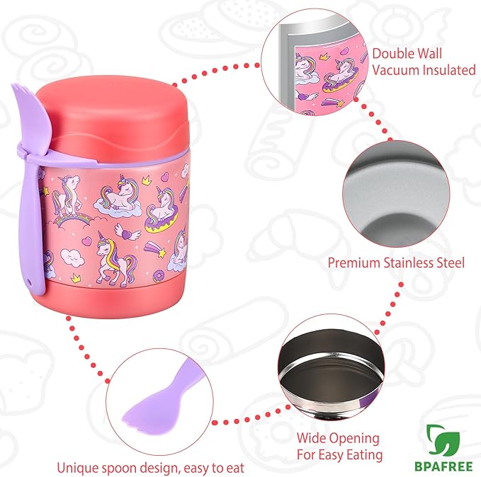 10oz Soup Thermo for Hot Food Kids,Lunch Thermo Kids Food Jar with Spoon Hot Insulated Food Containers,Leak Proof Stainless Steel Wide Mouth Lunch Thermo Jar for School(Pink-Unique Horse)