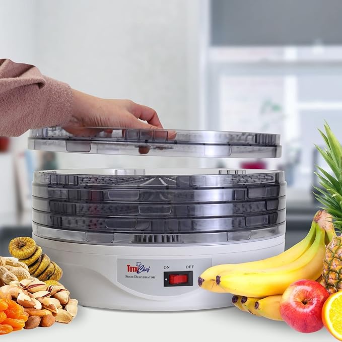 Koolatron Total Chef Food Dehydrator Machine, Countertop Electric Food Dryer with 5 Removable Transparent Drying Trays with 12" Radius - Ideal for Fruit, Meat, Snacks, Vegetables or Beef Jerky, 240W,