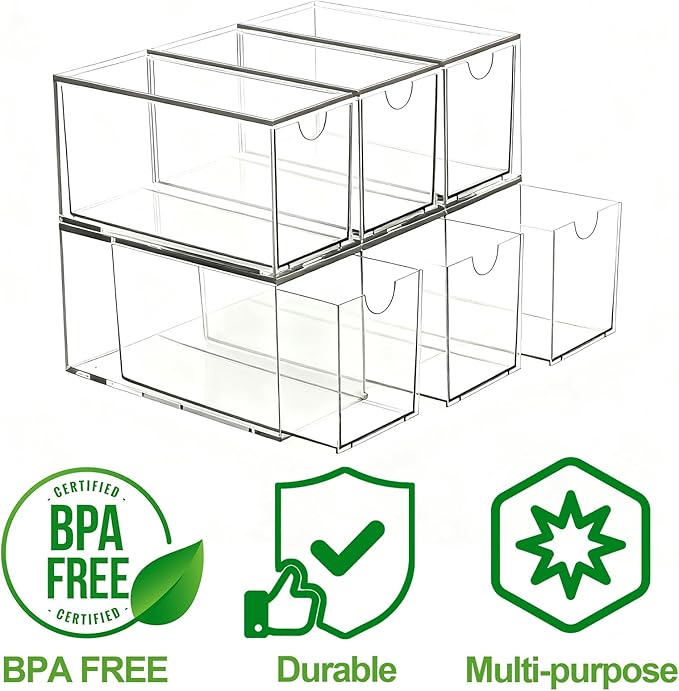 6 Pack Stackable Tea Bag Organizer Drawers – Clear Acrylic Tea Bag Holder for Cabinet, Drawer, Pantry, Countertop – Kitchen Tea Storage Container