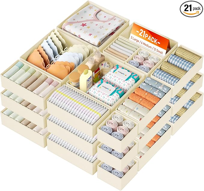 DIMJ Drawer Organizer Clothes, 21 Pack Dresser Organizer, Foldable Closet Organizers and Storage, Fabric Dresser Bins, Drawer Dividers for Nursery, Baby Clothes, Underwears, Sock