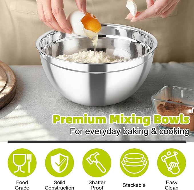 TeamFar Mixing Bowls, Stainless Steel Nesting Salad Bowls with Airtight Lids Set, For Serving/Mixing/Storing, Healthy & Long-lasting, Dishwasher Safe & Easy Clean, 4.6/3 / 1.5 QT, Colorful