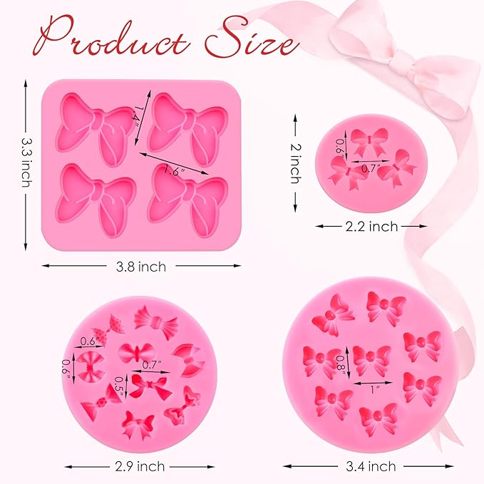 Puyeipt 4 Pcs Bow Silicone Mold, Mini Bows Fondant Molds, Chocolate Candy Silicone Molds for Cupcake Topper, Cake Pop Decoration and Clay Craft Making