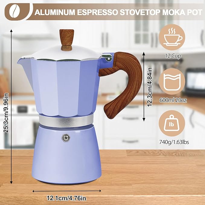 Aluminum 12 Cup 600ml Moka Pot Express Coffee Maker Stovetop Espresso Colorful Coffeemaker Italian Classic Style Brewing Greca Cafe Mocha Machine for Cafeteras Lover Camping Travel and Home Use 20oz