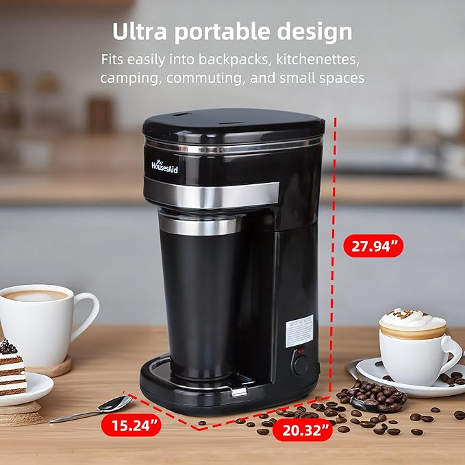 Coffee Machine,Single Serve Coffee Maker,One Cup Coffee Maker with Reusable Filter&One-touch Control Button,Portable Brewer for Camping,Travel&Home,Easy To Clean& Store,15oz/450ml,Black