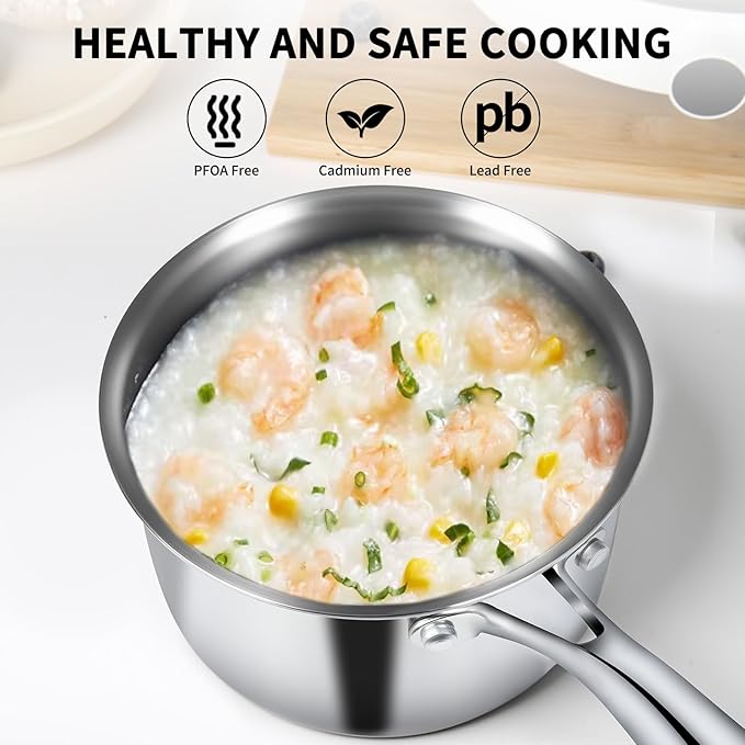 EWFEN 3 Ply Stainless Steel Sauce Pan Set with Lids, 1 & 2 & 3 Quart Multipurpose Cooking Pot, Stay-Cool Handle, Induction Oven Dishwasher Safe, 1QT & 2QT & 3QT