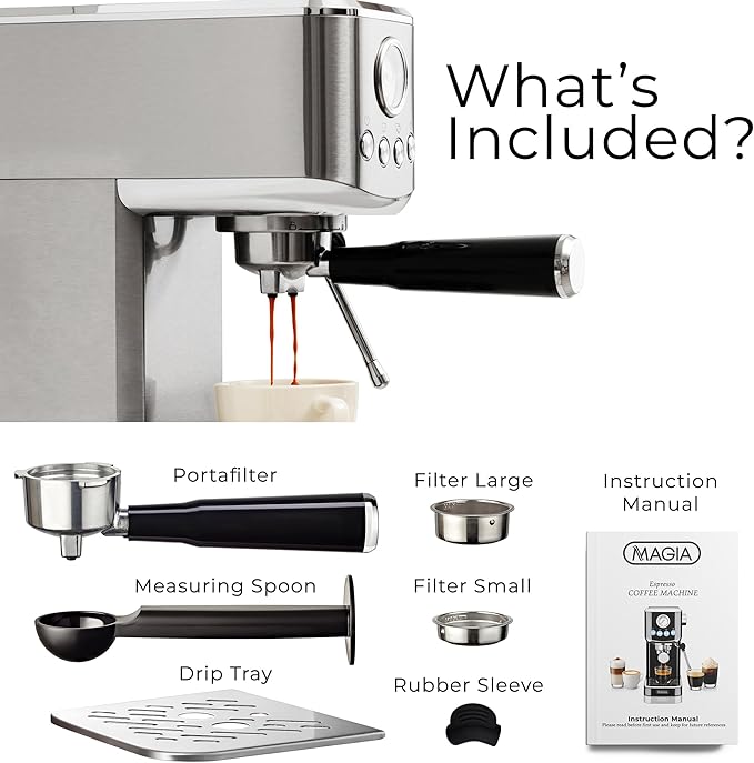 Zulay Kitchen Magia Compact Espresso Machine – 20 Bar Coffee Maker with Milk Frother Steam Wand, Latte & Cappuccino Maker, 1350W Fast Heating, 40oz Removable Water Tank, Stainless Steel – Silver