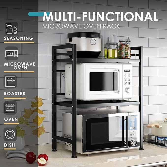 DOLALIKE Expandable Microwave Rack, Countertop Kitchen Utensils Tableware Storage, Carbon Steel 3 Tier Shelf with 3 Hooks