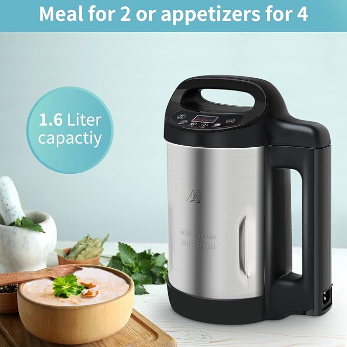 Soup Maker 1.6 L, 4 in 1 Multi-Funcation Soup and Smoothie Maker with Smart Control Panel, Stainless Hot Soup Maker Electric, Makes 2-5 Servings Living for Home Use Black