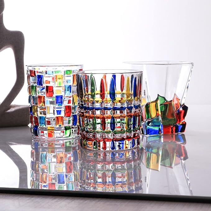 Colorful Drinking Glasses, Hand Painted Colored Water Glasses, Multicolor Water Glasse,Whiskey Wineglass Glasses,Tumbler Glasses (Weave)