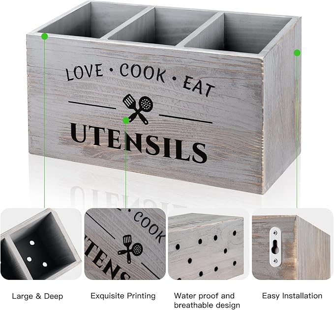 MINCORD Utensil Holder with 3 Compartments, Rustic Wood Utensil Caddy Crocks for Kitchen Counter, Farmhouse Flatware Organizer Storage Box for Silverware Fork Spoon Spatula