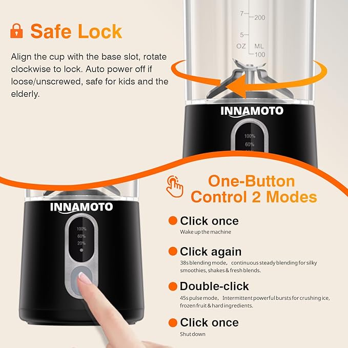 Portable Personal Size Mini Blender - 20oz Cordless Smoothies Blender Type-C Rechargeable, BPA-Free Juice Cup, Freshly Squeezed in Outside/Office/Gym