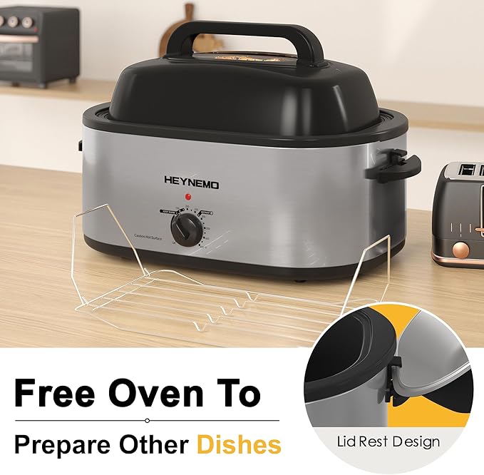 26 Quart Electric Roaster Oven with Visible & Self-Basting Lid, Large Turkey Roaster with Defrost Warm Function, Adjustable Temperature, Removable Pan Rack, Stainless Steel, Silver