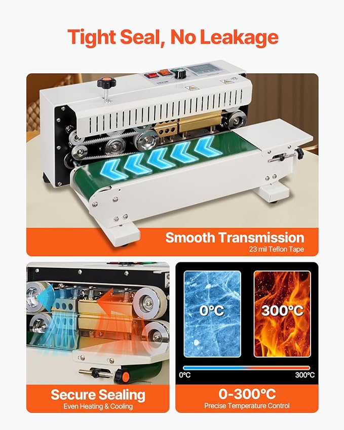 VEVOR Continuous Bag Band Sealing Machine, 0.24-0.47 in/6-12 mm Seal Width, Horizontal Band Sealer Machine with Digital Temperature Control, Carbon Steel Bag Sealer for 0.02-0.8 mm Plastic Bags Films