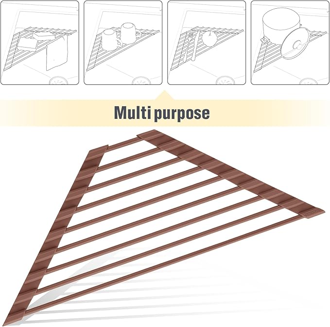 Tomorotec Compact Silicone-Coated Triangle Dish Drying Rack for Sink Corner - Foldable Stainless Steel Over-The-Sink Organizer and Storage Shelf (Coffee)