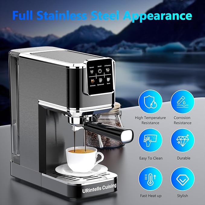 URintells Cuising Espresso Machine 20 Bar,Touch Screen Espresso Maker with Steam Milk Frother,Stainless Steel Expresso Coffee Machine for Cappuccino Latte Cold Brew,1350W Fast Heat Up System,Black