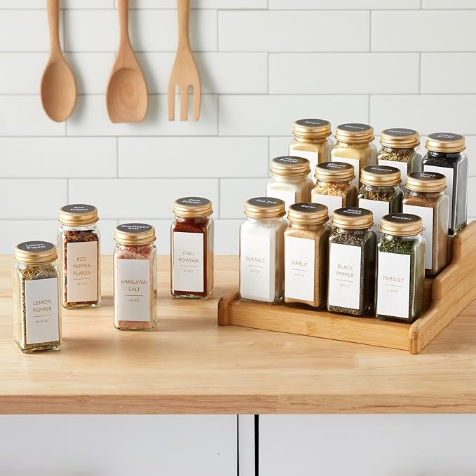 Talented Kitchen 24-Pack Glass Spice Jars - 4 Oz Square Bottles & Gold Metal Caps - Refillable Shaker & Pour Lids, 284 Preprinted Stickers - Seasoning Organizer for White & Gold Kitchen Organization