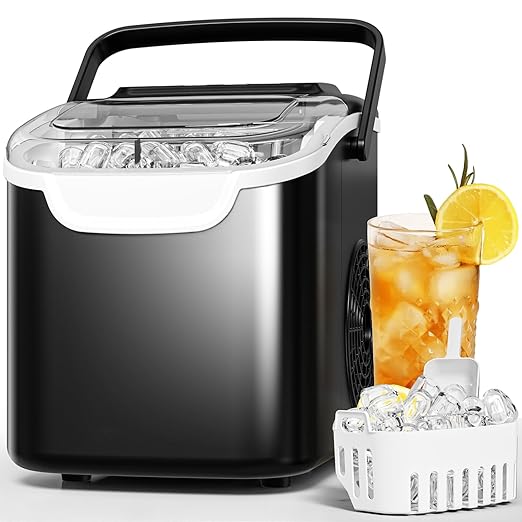 AGLUCKY Ice Makers Countertop with Self-Cleaning, 8 Cubes Ready in 6 Mins, Portable Ice Machine with 2 Sizes Bullet Ice/Ice Scoop/Basket for Home/Kitchen/Office/Bar/Party, Black