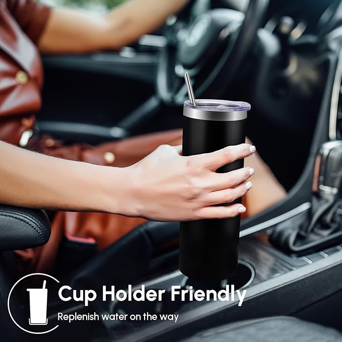 Volhoply 8 Pack Skinny Tumblers with Lid and Straw, 20oz Stainless Steel Straight Tumbler Bulk, Vacuum Insulated Coffee Mug for Home, Office, Travel, DIY (Black,8 Pack)