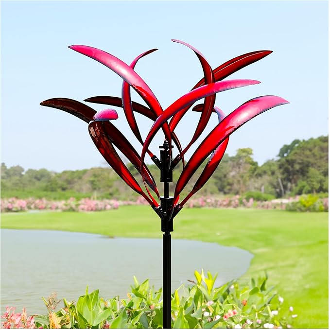 82 inch Wind Spinners Outdoor - Extra Large Metal Wind Sculptures & Spinner with Stake, Big Clearance Windmills for the Yard and Garden, Tall Yard Art Decor-Burgundy Red