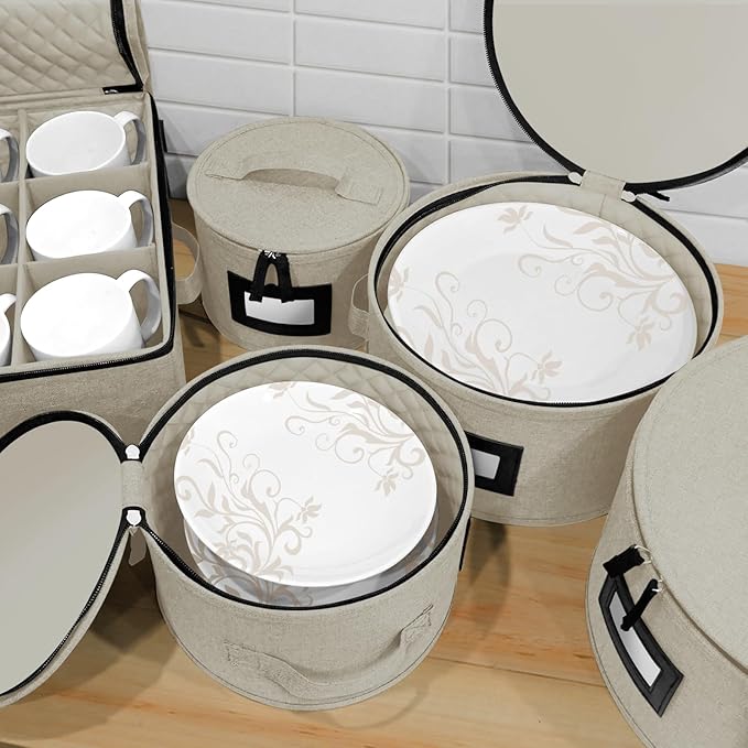 BALEINE China Storage Containers, Sturdy Quilted Wine Glass Storage, Plate Organizer with Carry Handles, Moving Boxes for Dishes, Cups, Mugs and Stemware (Mug, Hard Shell Cream)