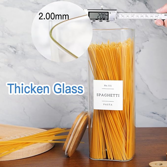 CZZGSM 5 Pack Square Glass Pantry Storage Containers with 132 Kitchen Food Pantry Labels - Clear Glass Jars with Airtight Wood Bamboo Lids - Glass Canisters for Cookies, Nuts, Cereal